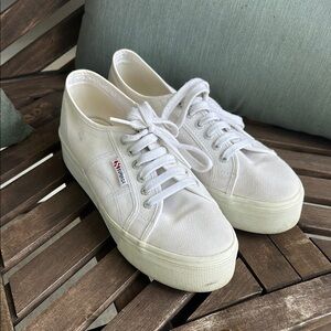 Superga White Platform Canvas Lace-Up Sneakers